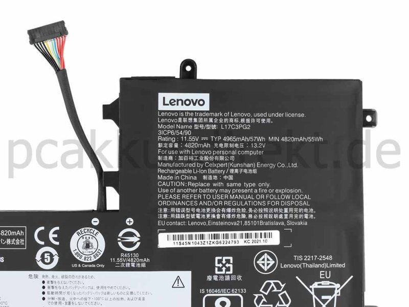 Original 4955mAh 57Wh 3 Zellen Lange Linie Akku Lenovo L17M3PG2